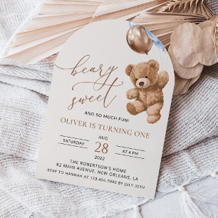 Teddy Bear, Blue Balloons, erster Geburtstag Einladung