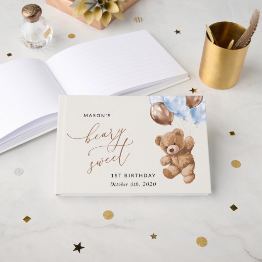 Teddy Bear, Blue Balloons, erster Geburtstag Gästebuch (Vorderseite Offen)