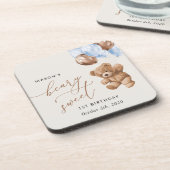 Teddy Bear, Blue Balloons, erster Geburtstag Getränkeuntersetzer (Linke Seite)