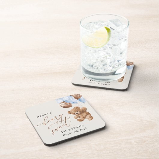 Teddy Bear, Blue Balloons, erster Geburtstag Getränkeuntersetzer (Rechte Seite)