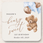 Teddy Bear, Blue Balloons, erster Geburtstag Getränkeuntersetzer (Vorderseite)