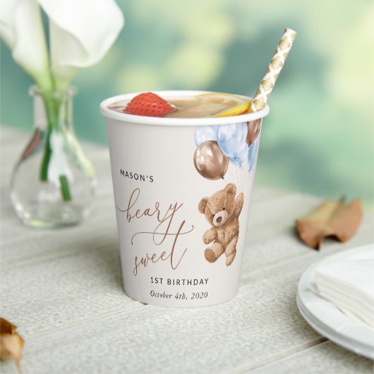 Teddy Bear, Blue Balloons, erster Geburtstag Pappbecher (In Situ)