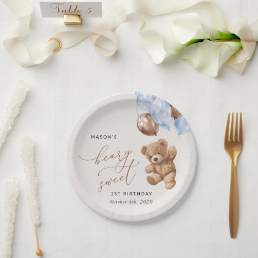 Teddy Bear, Blue Balloons, erster Geburtstag Pappteller (Hochzeit)