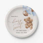 Teddy Bear, Blue Balloons, erster Geburtstag Pappteller (Vorderseite)