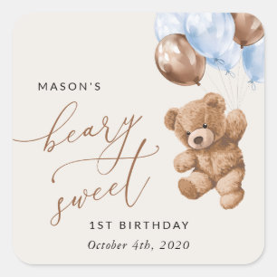 Teddy Bear, Blue Balloons, erster Geburtstag Quadratischer Aufkleber