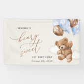 Teddy Bear, Blue Balloons, Erster Geburtstag Willk Banner (Horizontal)
