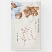 Teddy Bear, Blue Balloons, Erster Geburtstag Willk Banner (Vertikal)