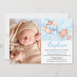 Teddy Bear Blue Balloons Gold Stars Foto Taufe Einladung