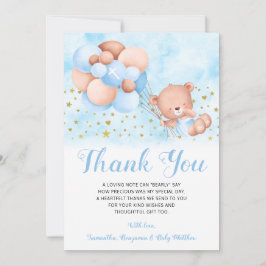 Teddy Bear Blue Balloons Gold Stars Taufe Dankeskarte