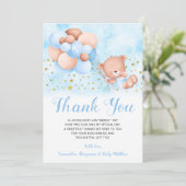 Teddy Bear Blue Balloons Gold Stars Taufe Dankeskarte (Stehend Vorderseite)