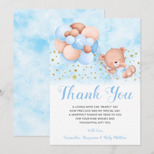 Teddy Bear Blue Balloons Gold Stars Taufe Dankeskarte (Vorne/Hinten)