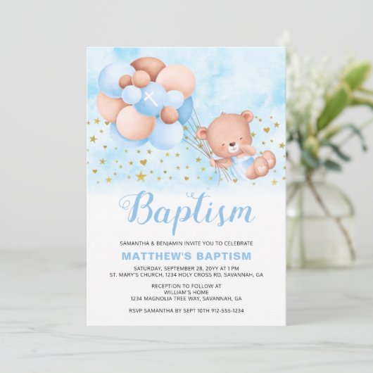 Teddy Bear Blue Balloons Gold Stars Taufe Einladung (Stehend Vorderseite)