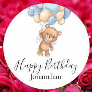 Teddy Bear Blue Balloons Happy Birthday Runder Pappuntersetzer