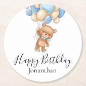 Teddy Bear Blue Balloons Happy Birthday Runder Pappuntersetzer (Vorderseite)