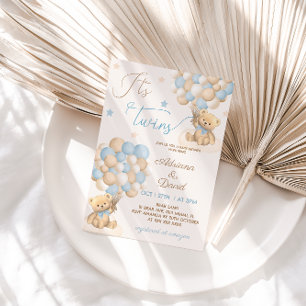 Teddy Bear Blue Balloons Twin Boys Baby Dusche Einladung