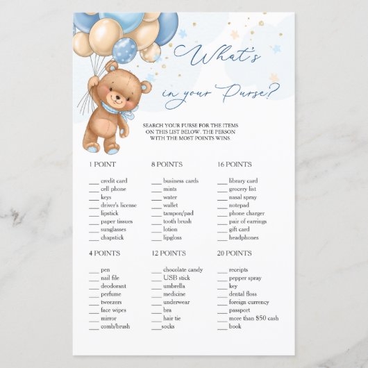 Teddy Bear Blue Balloons Was ist in eurem Purse Ga (Vorderseite)