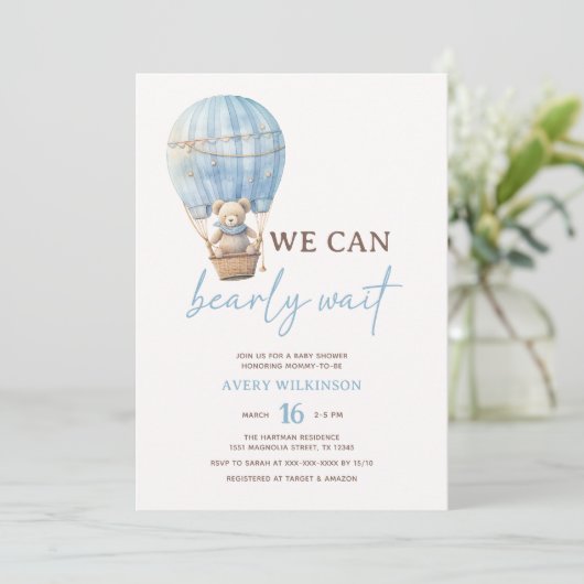 Teddy Bear Blue Bearly Wait Boy Baby Dusche Einladung (Stehend Vorderseite)