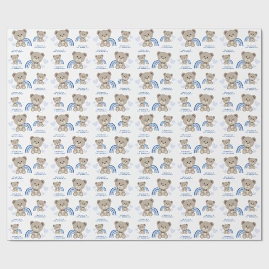 TEDDY BEAR Blue Birthday Wrapping Paper Roll Geschenkpapier (Flach)