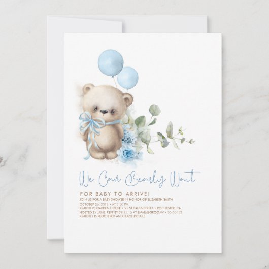 Teddy Bear Blue Blumen und Greenery Baby Dusche Einladung (Vorderseite)