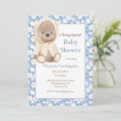 Teddy Bear Blue Boy Baby Dusche Einladung (Stehend Vorderseite)
