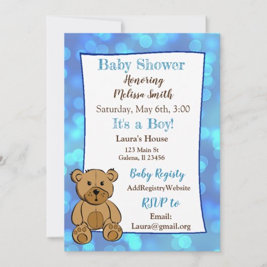 Teddy Bear Blue Boy Baby Shower Einladungen (Vorderseite)