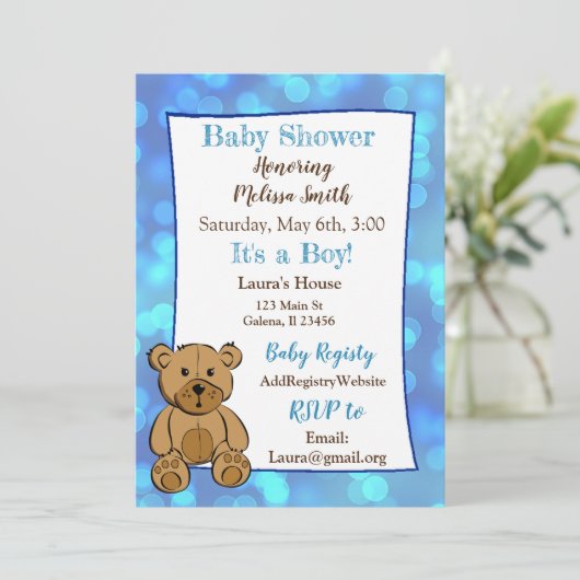 Teddy Bear Blue Boy Baby Shower Einladungen (Stehend Vorderseite)