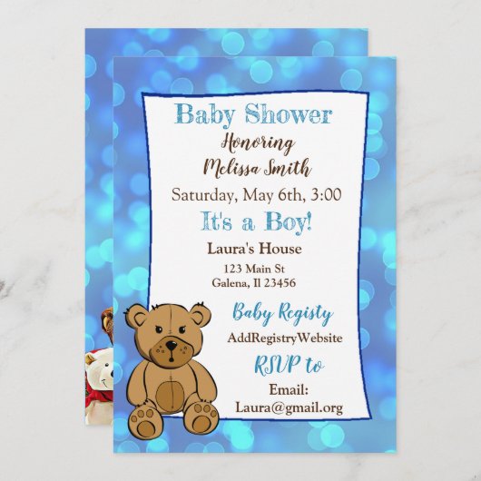 Teddy Bear Blue Boy Baby Shower Einladungen (Vorne/Hinten)
