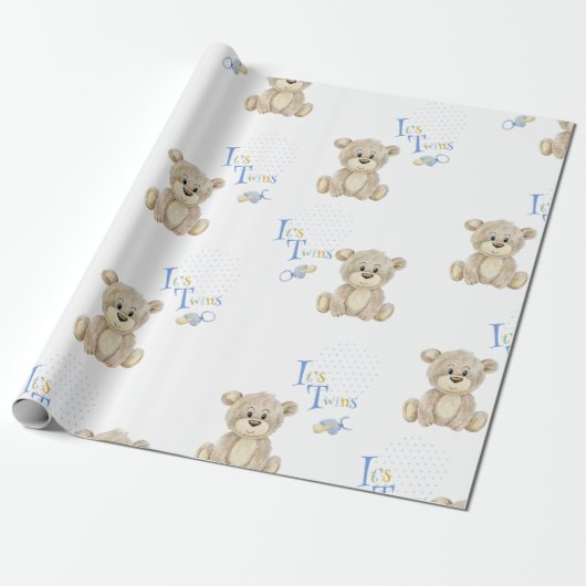 Teddy Bear Blue es ist Twins Baby Shower Geschenkpapier (Ungerollt)