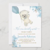 Teddy Bear Blue Floral Balloon Babydusche Einladung (Vorderseite)
