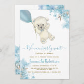 Teddy Bear Blue Floral Balloon Babydusche Einladung (Vorne/Hinten)