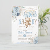 Teddy Bear Blue Floral Pampas Grass Baby Dusche Einladung (Stehend Vorderseite)