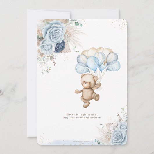 Teddy Bear Blue Floral Pampas Grass Baby Dusche Einladung (Rückseite)