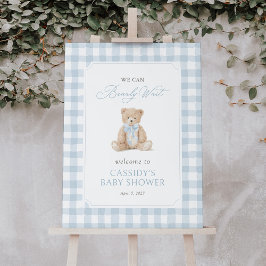 Teddy Bear Blue Gingham Baby Shower Welcome Sign