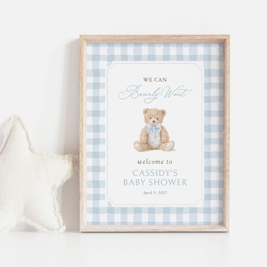 Teddy Bear Blue Gingham Baby Shower Welcome Sign Poster