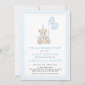 Teddy Bear Blue Gingham Boy Baby Shower Einladung (Vorderseite)