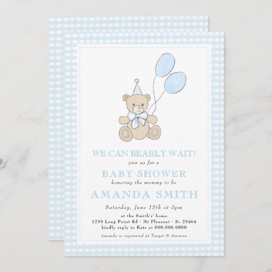 Teddy Bear Blue Gingham Boy Baby Shower Einladung (Vorne/Hinten)