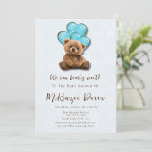 Teddy Bear Blue Gold Balloon Babydusche Einladung (Stehend Vorderseite)