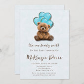 Teddy Bear Blue Gold Balloon Babydusche Einladung (Vorne/Hinten)