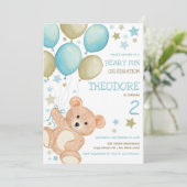 Teddy Bear Blue Gold Boys Geburtstag Einladung (Stehend Vorderseite)
