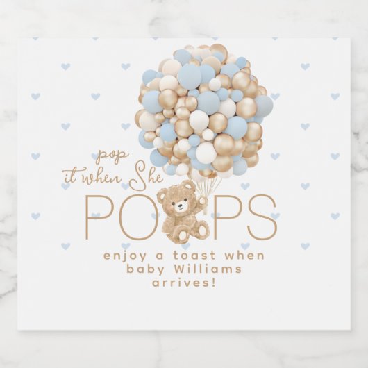 Teddy Bear Blue Heart & Balloon Baby Boy Show Schaumweinetikett (Einzelnes Label)