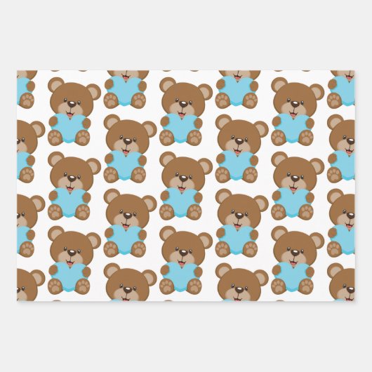 Teddy Bear Blue Heart Wrapping Paper Sheet Geschenkpapier Set (Vorderseite)