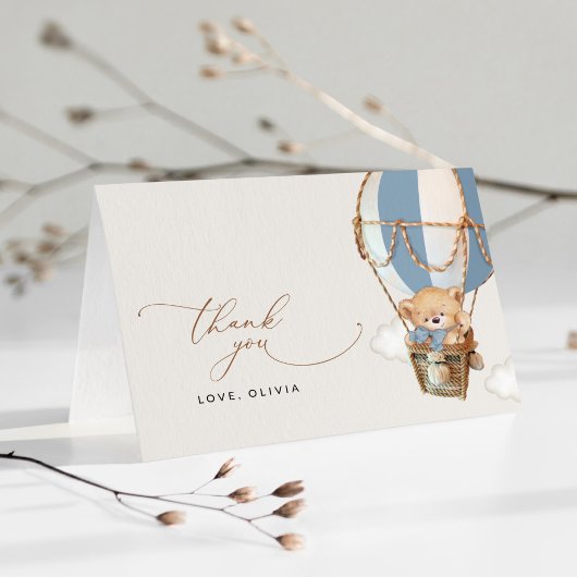 Teddy Bear, Blue Hot Air Ballon, Babydusche Dankeskarte