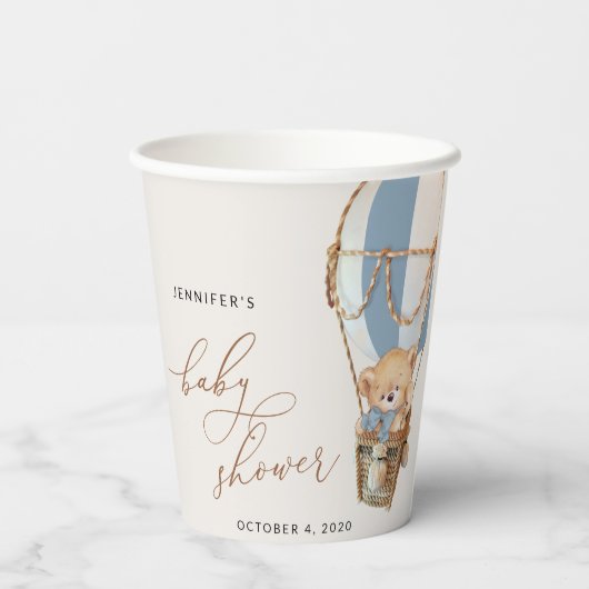 Teddy Bear, Blue Hot Air Ballon, Babydusche Pappbecher (Rückseite)