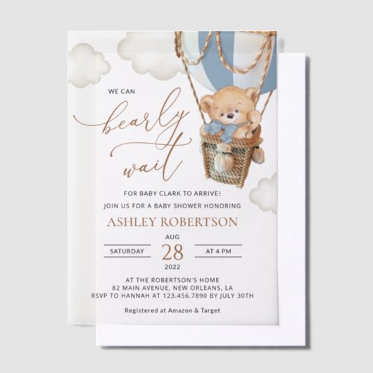 Teddy Bear, Blue Hot Air Ballon, Babydusche Pergament Einladungen (Versetzt)