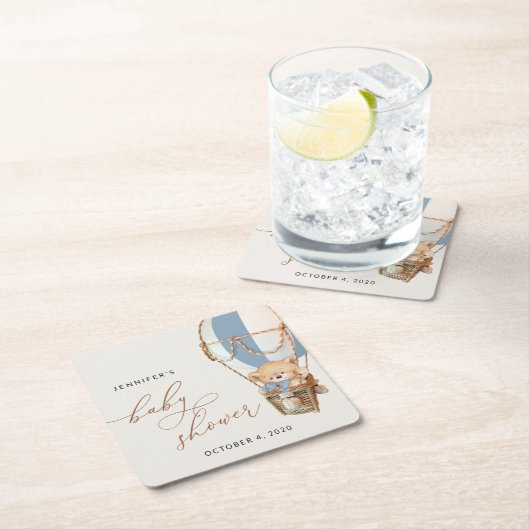 Teddy Bear, Blue Hot Air Ballon, Babydusche Rechteckiger Pappuntersetzer (Vor Ort)