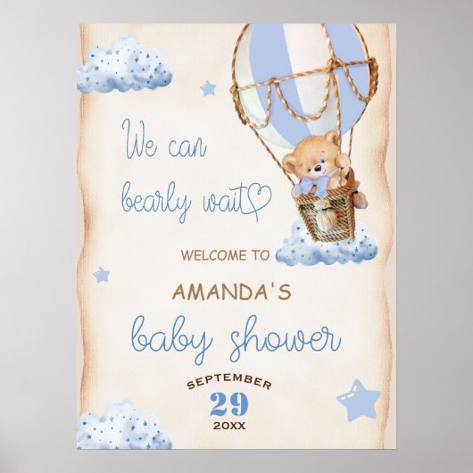 Teddy Bear Blue Hot Air Ballon & Clouds Willkommen Poster (Vorne)