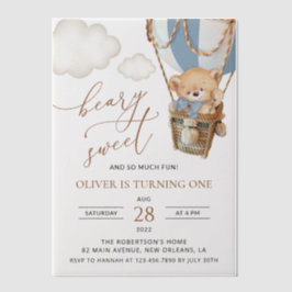 Teddy Bear, Blue Hot Air Ballon, erster Geburtstag Pergament Einladungen