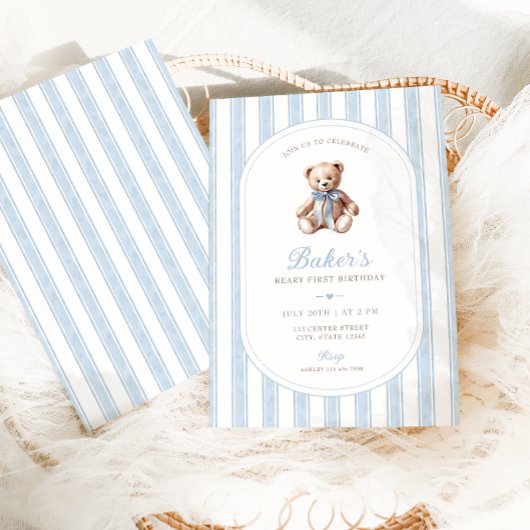 Teddy Bear Blue Minimalistisch Boy Birthday Einladung