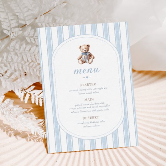 Teddy Bear Blue Minimalistisch Menu Menükarte