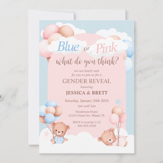 Teddy Bear Blue oder Pink Gender Reveal Einladung (Vorderseite)